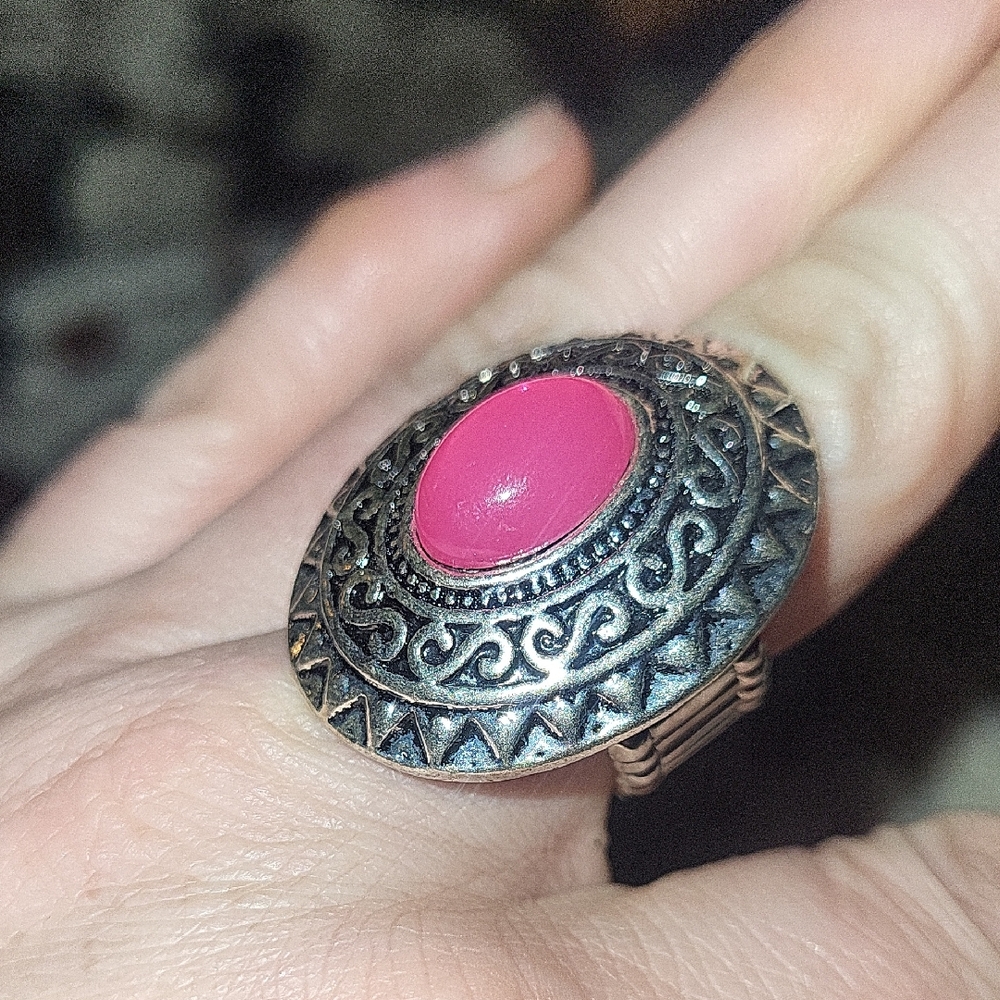 Paparazzi Pink Stone Silver Ring Stretch Band Adjustable